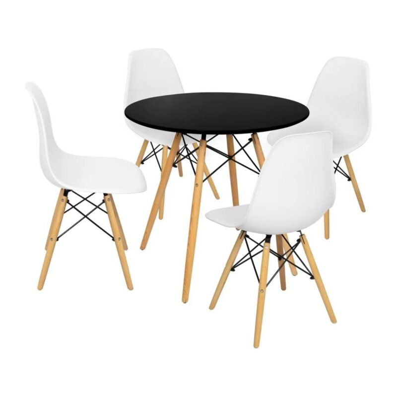 Kit Mesa Eames Minimalista Negra Y 4 Sillas Eames Blancas