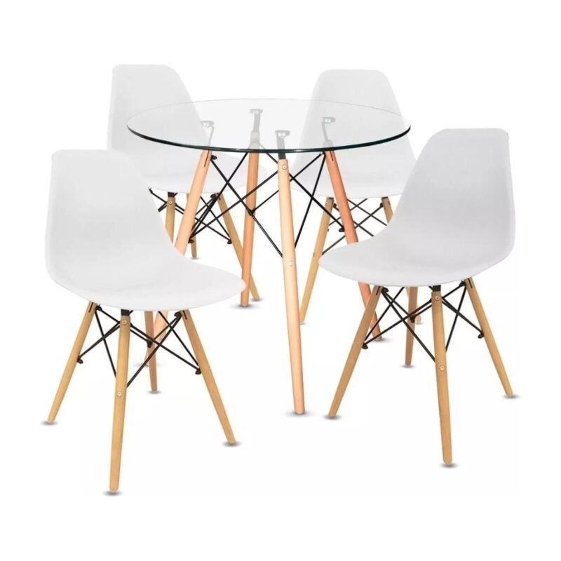 Kit Mesa Eames Minimalista Vidrio Y 4 Sillas Eames Blancas