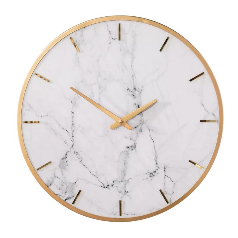 Reloj De Pared Redondo 75cm Metal Dorado Fondo Mármol Sintético