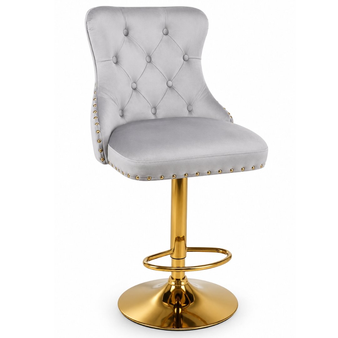 Silla Bar Luxury Mónaco Gris Tapizada Con Base Dorada Ajustable