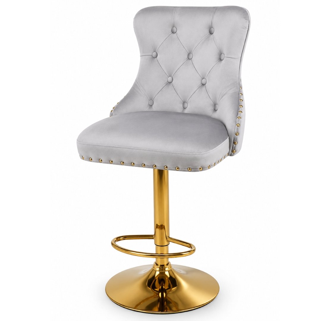Silla Bar Luxury Mónaco Gris Tapizada Con Base Dorada Ajustable - Image 9
