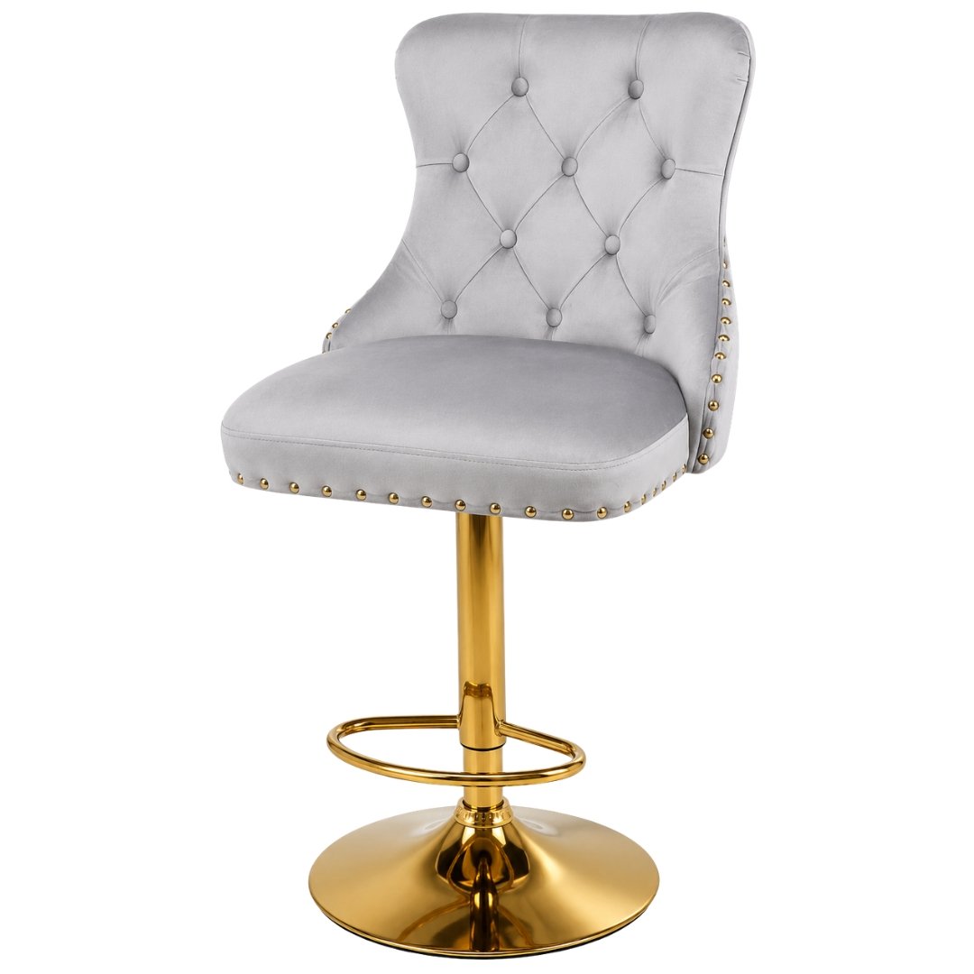 Silla Bar Luxury Mónaco Gris Tapizada Con Base Dorada Ajustable - Image 4