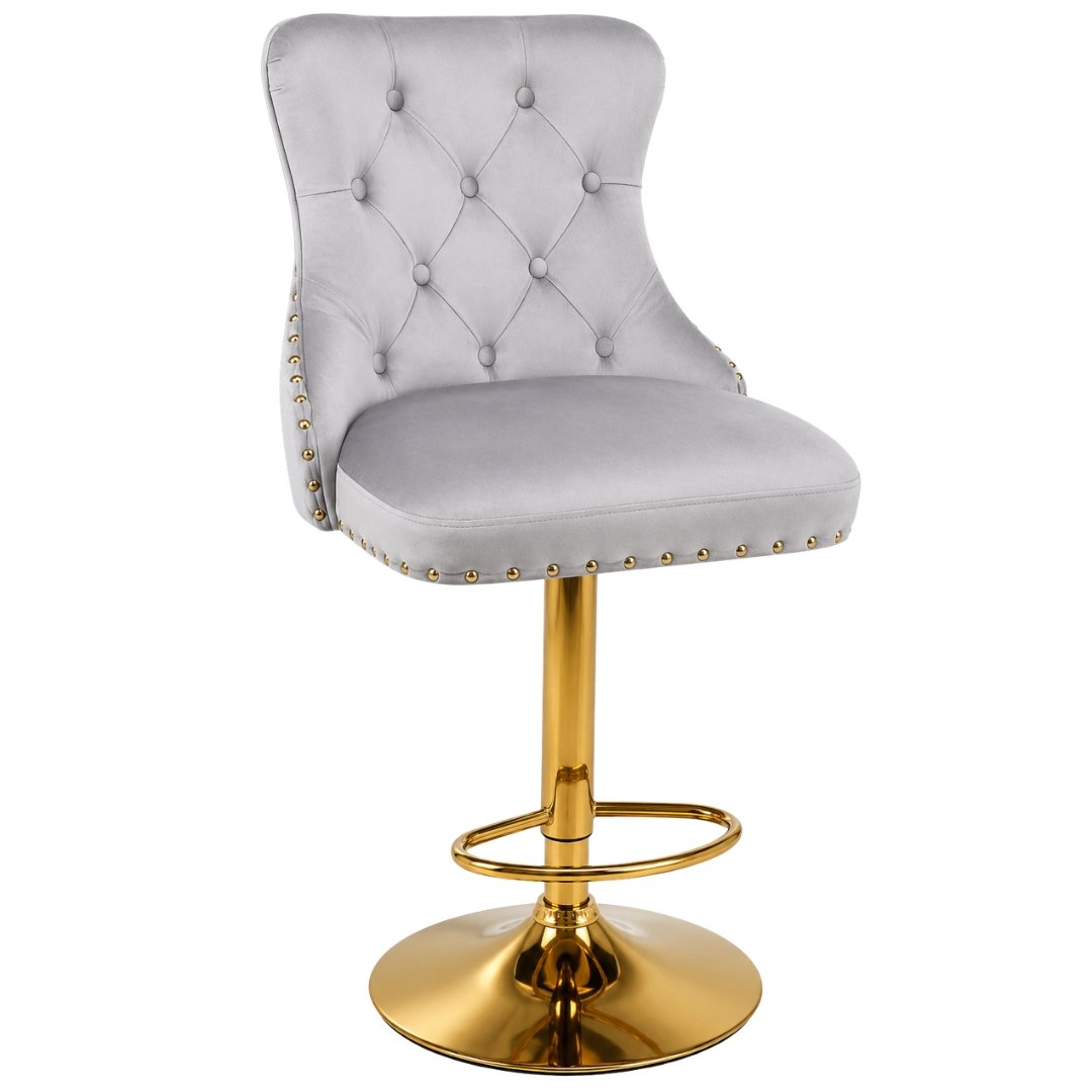 Silla Bar Luxury Mónaco Gris Tapizada Con Base Dorada Ajustable - Image 5