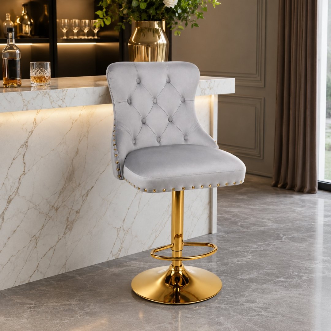 Silla Bar Luxury Mónaco Gris Tapizada Con Base Dorada Ajustable - Image 2