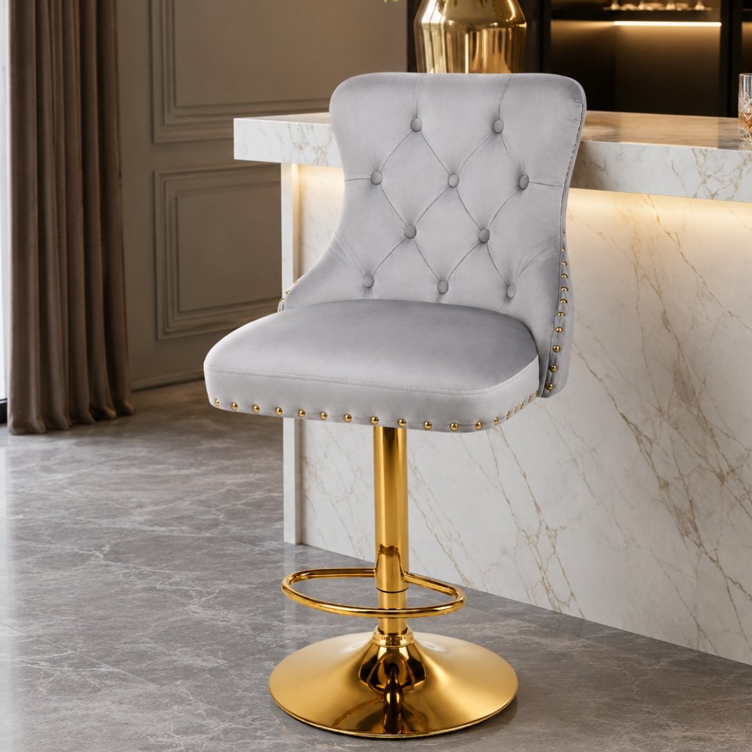 Silla Bar Luxury Mónaco Gris Tapizada Con Base Dorada Ajustable - Image 7